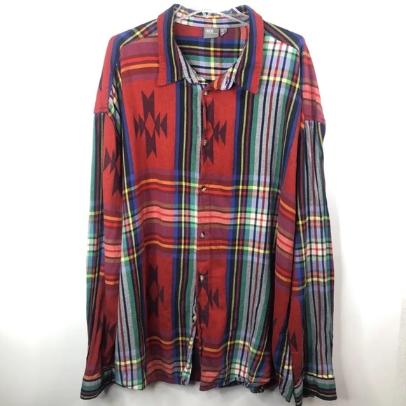 Asos Design Plus Oversized Aztec Check Button Up Shirt Red Big & Tall 6XL - Picture 2 of 5